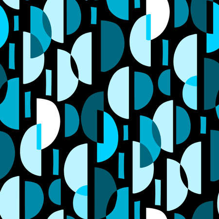 Crescent Pattern. A seamless abstract geometric pattern made up of both isolated and overlapping crescent shapes, with some rectangles in different tones of color. Blue Tones.のイラスト素材