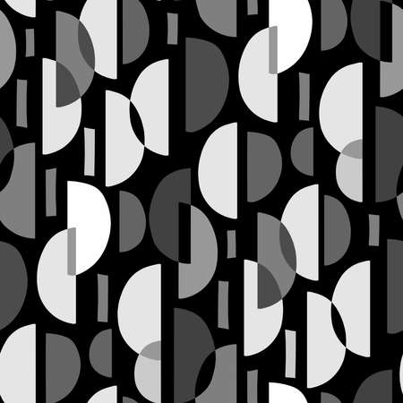 Crescent Pattern. A seamless abstract geometric pattern made up of both isolated and overlapping crescent shapes, with some rectangles in different tones of color. Monochrome.のイラスト素材