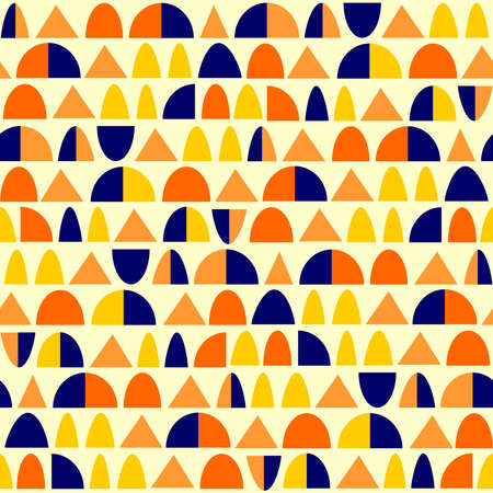 Abstract geometric crescents and triangles pattern. A Seamless pattern composed of horizontal rows of shapes in a palette of harmonious shades or tones - Cream. Amber, Orange and Deep Navy Blue.のイラスト素材