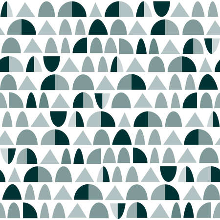 Abstract geometric crescents and triangles pattern. A Seamless pattern composed of horizontal rows of shapes in a palette of harmonious shades or tones - Shades of Green Toned Gray.のイラスト素材
