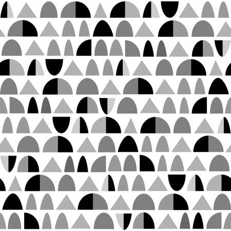 Abstract geometric crescents and triangles pattern. A Seamless pattern composed of horizontal rows of shapes in a palette of harmonious shades or tones - Shades of Gray.のイラスト素材
