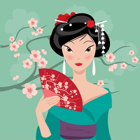 Geisha with a fan on the background of cherry blossomsのイラスト素材