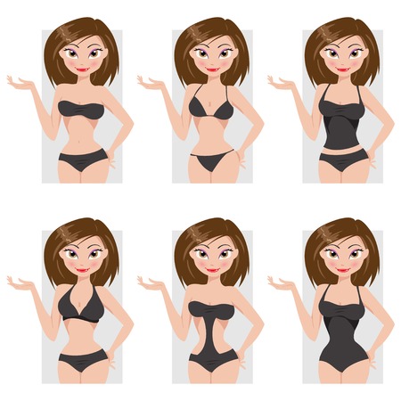 Cartoon illustration of beautiful girl and options beachwearのイラスト素材
