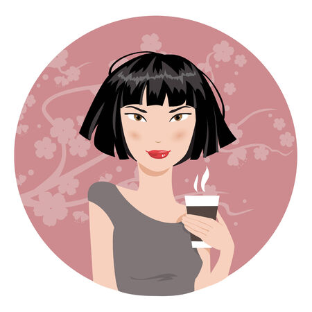illustration of an asian woman with a cup of coffeeのイラスト素材
