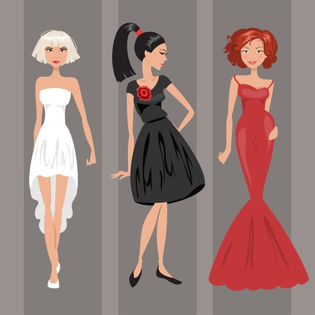 Three women in a red, white and black evening dressesのイラスト素材