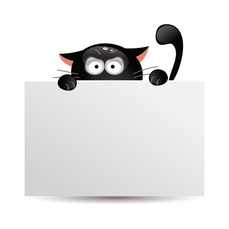 Funny cartoon black cat looks out from behind a bannerのイラスト素材