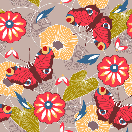 Beautiful bright spring seamless background with butterflies and flowers for designのイラスト素材