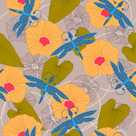 Beautiful seamless background with dragonfly, flowers and leaves for designのイラスト素材