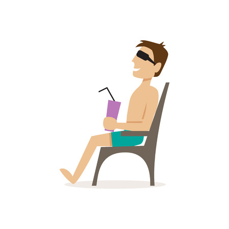 Young man resting in a chair on the beach with a cocktail in handのイラスト素材