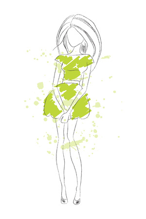 Pencil sketch of fashionable model with splashes of watercolorのイラスト素材