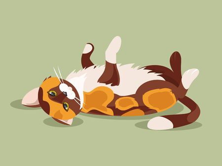 Illustration of a happy three-colored cat lying on the backのイラスト素材
