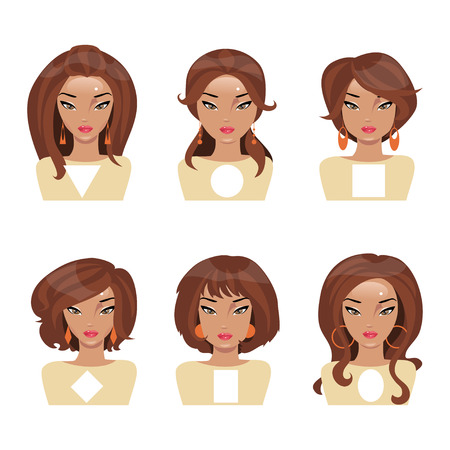 Different face shapes and matching hair and earringsのイラスト素材