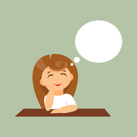 Cartoon girl sits and dreams of a cloud of thoughts. Space for textのイラスト素材