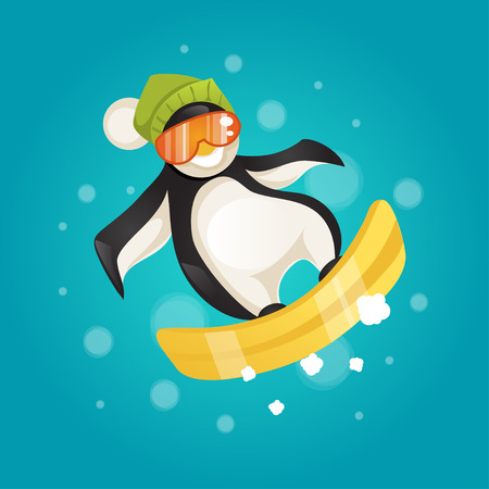 Hilarious penguin snowboarding. Christmas vector illustrationのイラスト素材