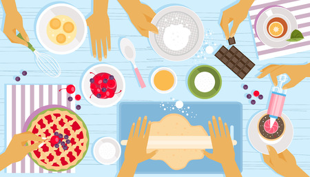 Confectioners work in the kitchen. Teamwork. Baking and dessert, top viewのイラスト素材