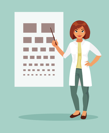 Woman ophthalmologist shows on the check table. Vision screeningのイラスト素材