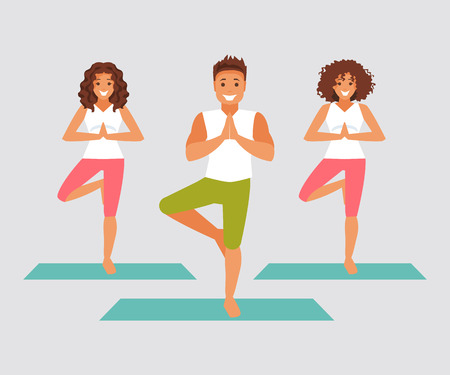 Group of people in yoga class. Tree pose, relaxation. Vector illustrationのイラスト素材