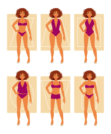 The female body types - hourglass, pear, square, rectangle, triangle, oval. Suitable swimwear for every figure type. Vector illustrationのイラスト素材