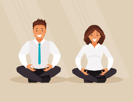 Business man and business woman meditate in lotus position. Vector illustrationのイラスト素材