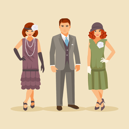 Group of stylish people dressed in the fashion of the 1920s. Vector retro illustrationのイラスト素材