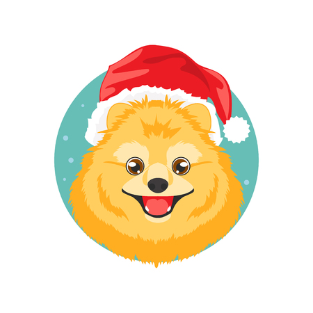 Smiling yellow pomeranian in santa hat. Chinese symbol of the new year. Vector illustrationのイラスト素材