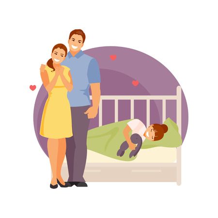 Parents look at their sleeping child. Family and love. Vector illustrationのイラスト素材