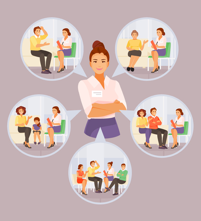 Various specializations of the psychologist. Individual and group counseling, child psychology, gerontopsychology, family therapy. Vector illustrationのイラスト素材