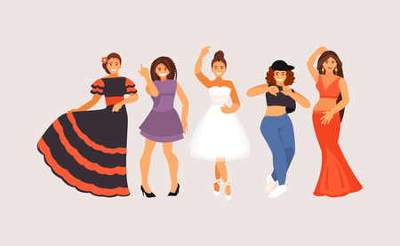 Different dance styles. Ballet, club, street, belly dance historical dance Vector illustrationのイラスト素材