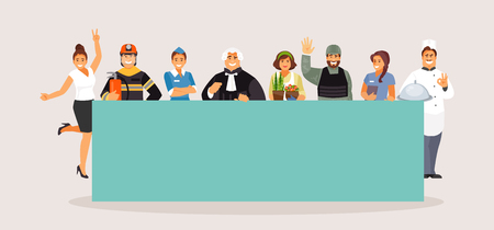 Horizontal banner with space for text. Labor day. Various professions vector charactersのイラスト素材