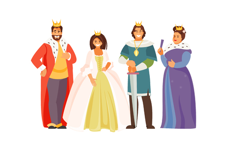Fabulous Royal family. Vector characters in historical costumes. King, Queen, Prince and Princess on white backgroundのイラスト素材