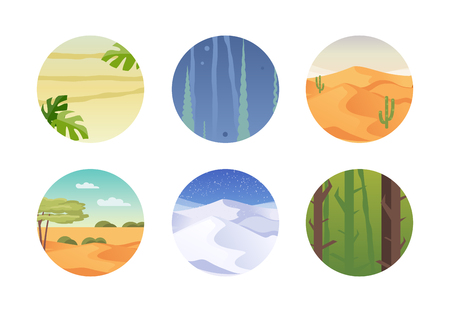 Set of different climates and habitats. Tropics, underwater world, desert, steppe, Arctic, forest Vector illustrationのイラスト素材