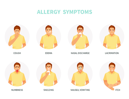Sick male character with typical allergy symptoms. Vector illustrationのイラスト素材