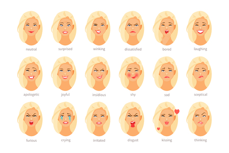 Set of female character with different emotions and feelings. Vector illustrationのイラスト素材