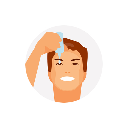 Male character uses eye drops for treatment. Vector illustrationのイラスト素材