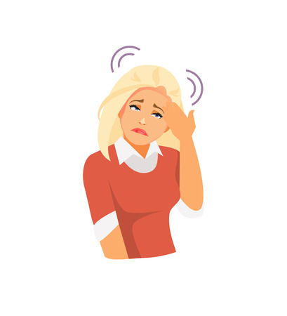 Girl character with a headache. Vector illustrationのイラスト素材