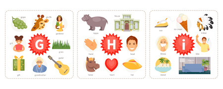Educational cards with words and pictures to the letters G, H, I. Children alphabet. Vector illustrationのイラスト素材