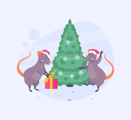 Cartoon New Year rats at the Christmas tree. Christmas vector illustrationのイラスト素材