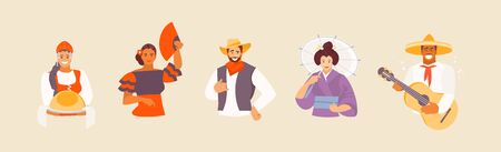 Collection of avatars of different nationalities. Russian, Spanish, American, Japanese and Mexican characters in national costumes. Vector illustrationのイラスト素材