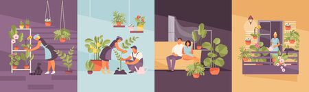 People growing plants. Home garden on the balcony, in the apartment, greenhouse. Vector illustrationのイラスト素材