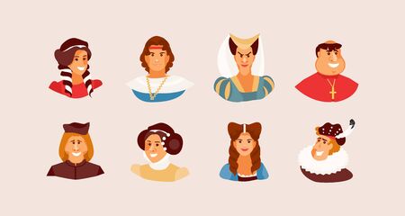Portraits of medieval men and women. Vector characters priest, princess, prince, courtiersのイラスト素材