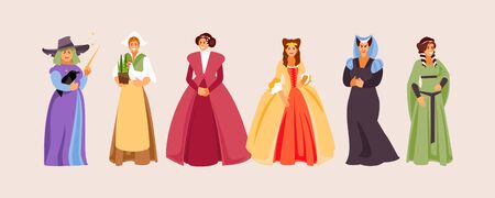 Set of medieval female characters. Princess, Queen, witch, peasant, court lady Vector illustrationのイラスト素材