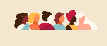 Portraits of a group of women of different nationality and appearance. International Women s Day. Vector horizontal illustrationのイラスト素材