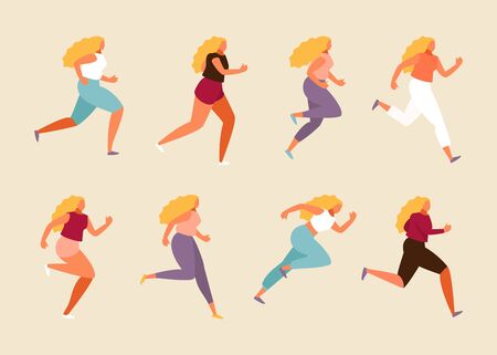 Running girl in various positions. Vector flat illustrationのイラスト素材