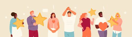 Satisfied group people with stars in their hands. User rating and review vector banner