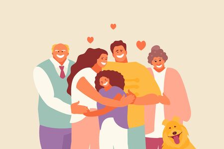 Happy hugging family parents and children. Love and support vector illustrationのイラスト素材