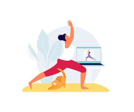 Girl doing yoga online vectorのイラスト素材