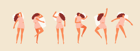 Sleeping girl in different positions top view. Recovery and rest vector set
