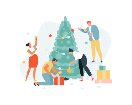 Colleagues people decorating the Christmas tree. New year corporate party vector illustrationのイラスト素材