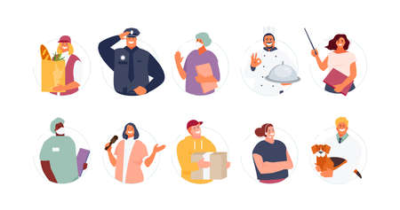 Set of people of different professions vector. Labor day vector collection. Courier, policeman, teacher, doctor, veterinarian, journalist, cook, call center operatorのイラスト素材