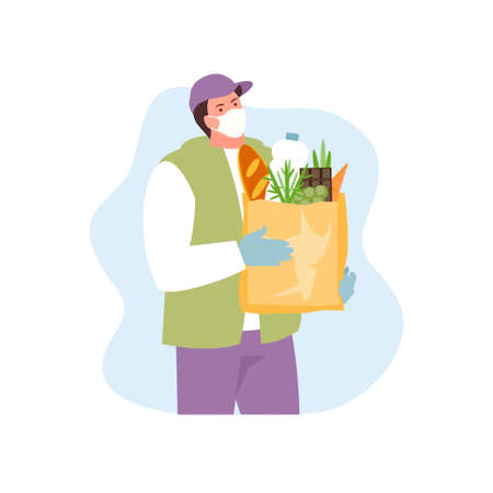 Courier in protective mask with products vector character. Food delivery vector illustrationのイラスト素材